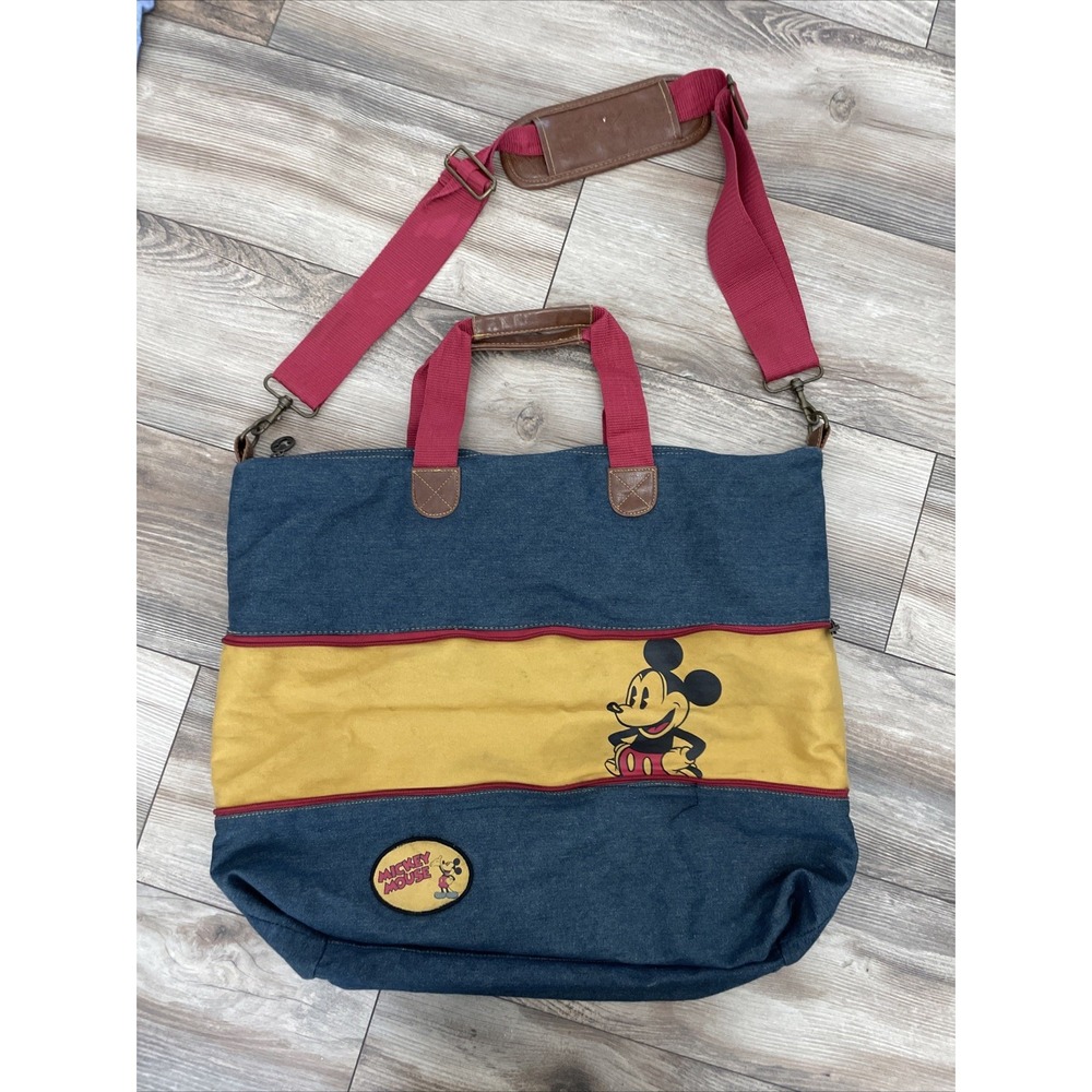 Vintage Disney Mickey Mouse Expandable Denim Tote Bag 90s Blue Yellow Red